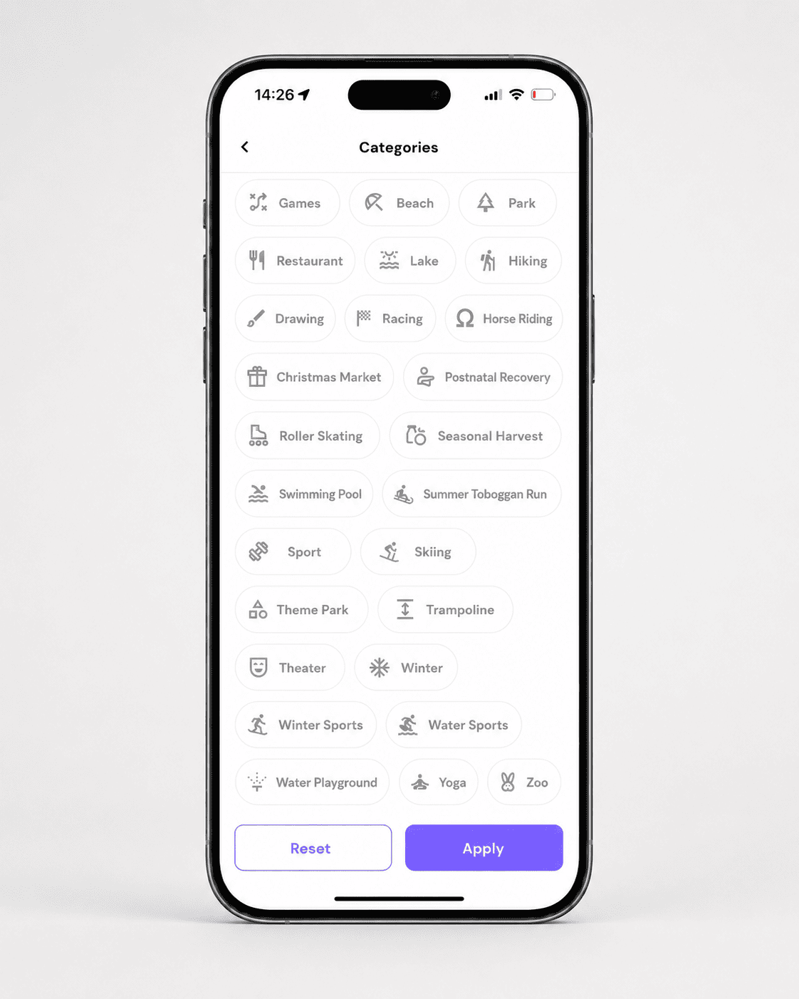 English Famville app categories screen with family activity filters